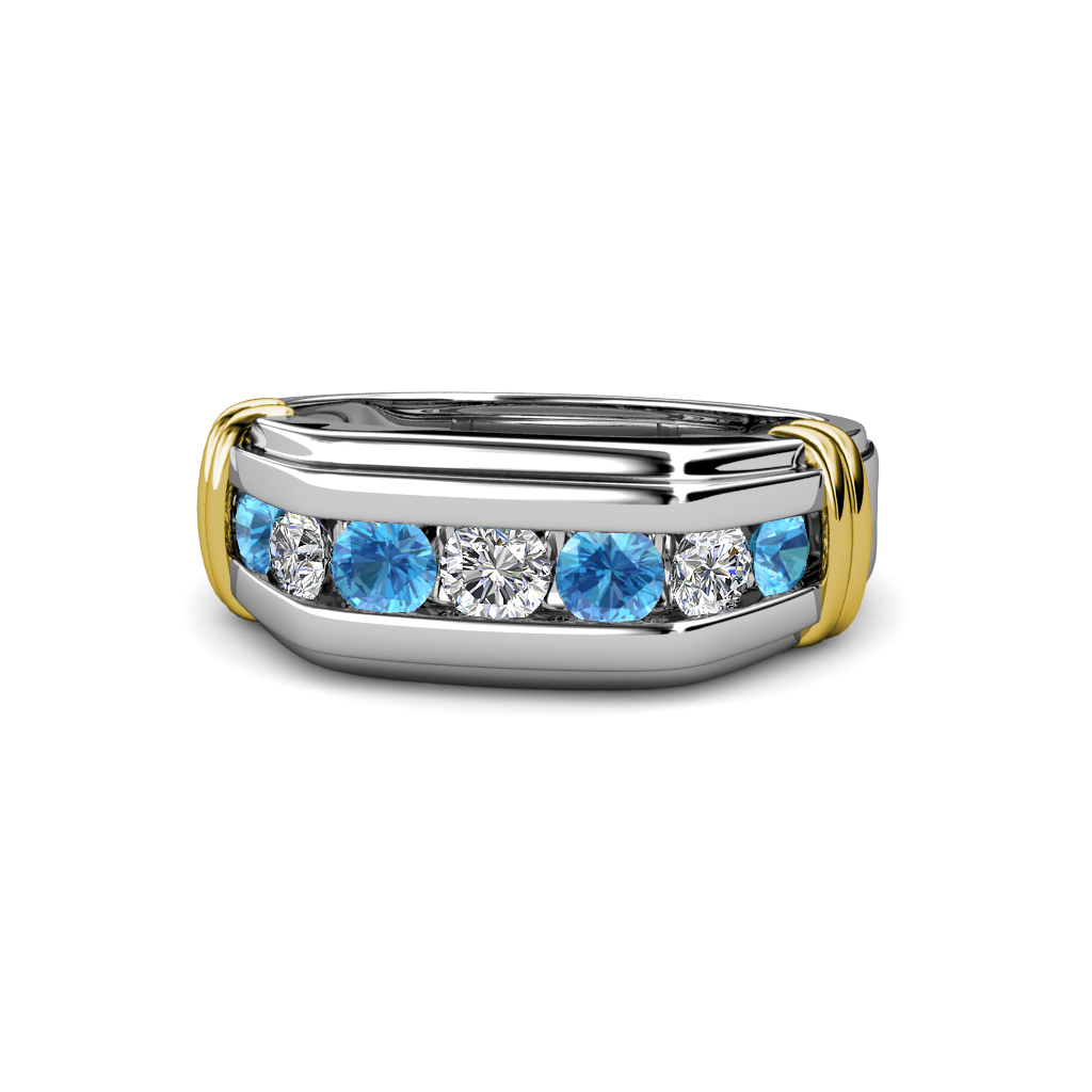 Brad Round Blue Topaz and Diamond 7 Stone Men Wedding Ring (8.5 mm) 